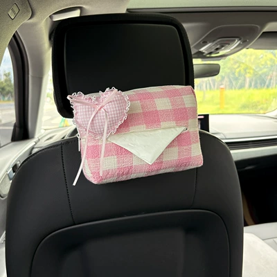 Tissue Bag – Car tissue box/set - ribbon-plaid-pink-heart-plaid-tissue-paper-pink