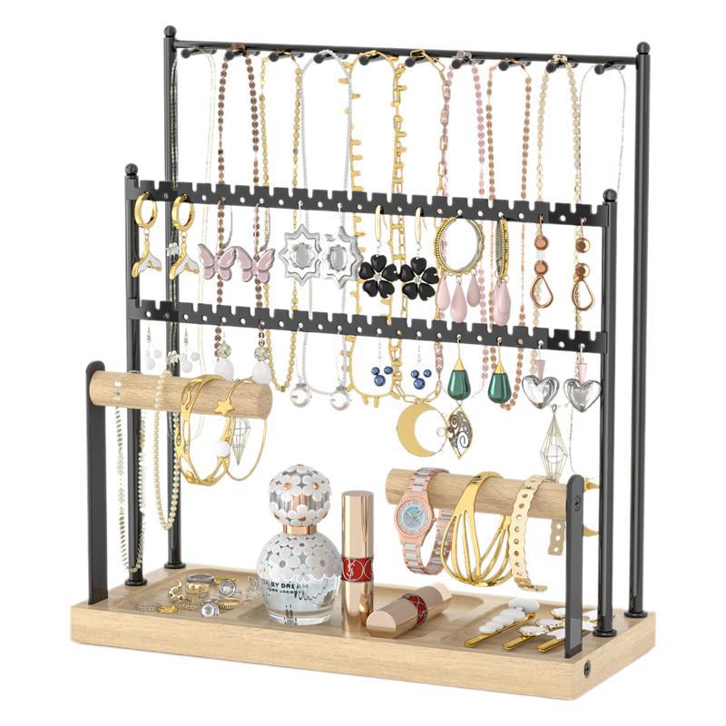 Larga capacidad de exhibición de joyería estante de hierro forjado casero pendientes multicapa percha de joyería gancho estante de madera image 6