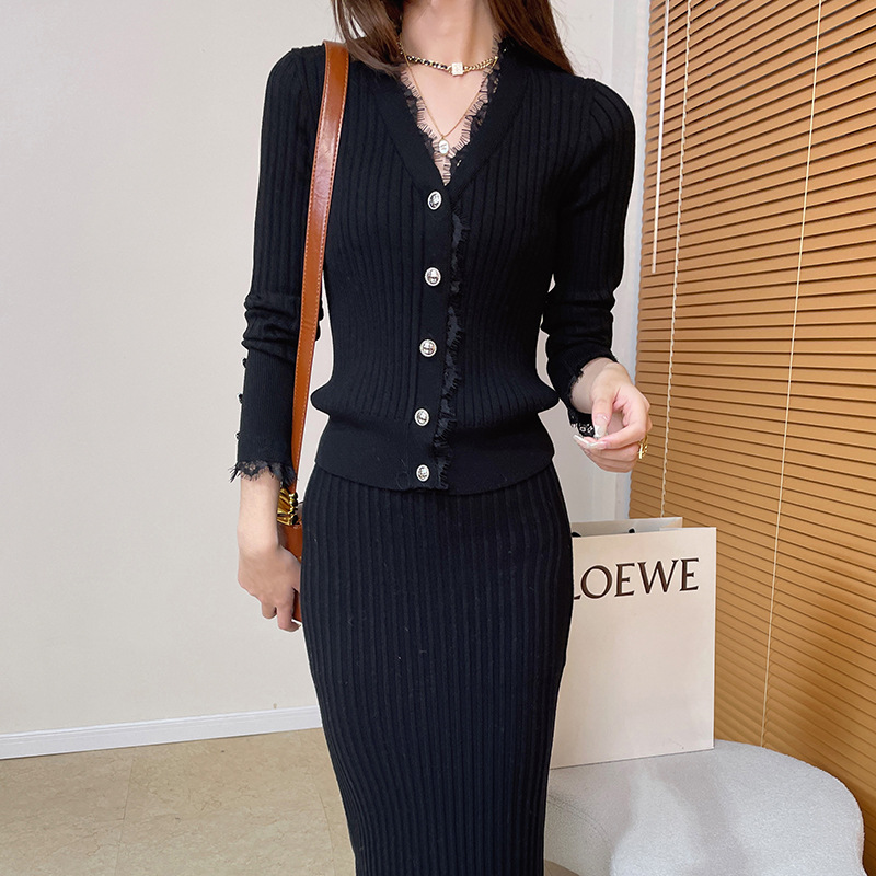 수플레_니트 수트 여성 가을 ??겨울 신작 브이넥 가디건 탑+스커트 투피스 세트