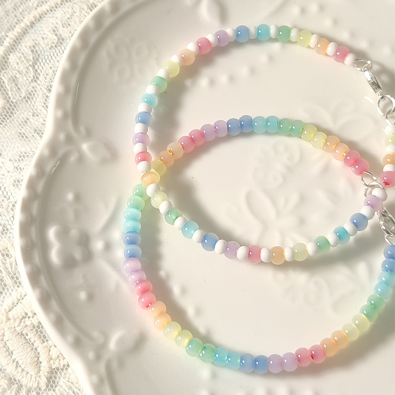 Simple Joker Rainbow Color Beaded Bracelet Cat's Eye Rice Bead Design Cute Girl Original Bracelet Memory Steel Wire
