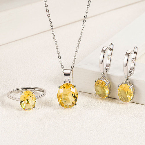 ebay foreign trade cross-border oval zircon set for women versatile egg-shaped color imitation gemstone ring crystal pendant necklace