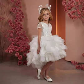 2025款跨境外贸女童礼服白色礼服小女孩主持人小提琴钢琴表演出服