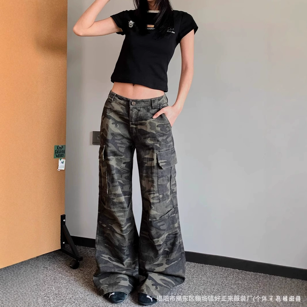 Camouflage spring trousers, American style, trend of season, loose fit