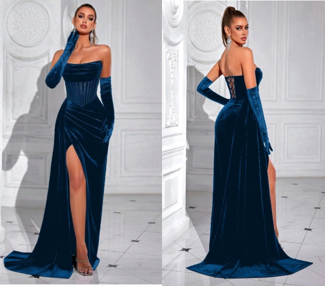 Nuevo vestido de terciopelo coreano transfronterizo sexy de hueso de pez, vestido de fiesta de pecho, vestido largo de alta gama al por mayor