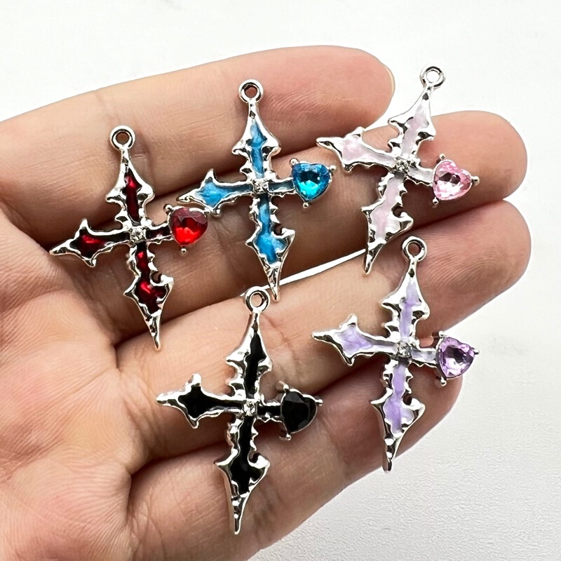 Korean-Style Alloy Enamel Rhinestone Cross Heart Small Pendant DIY Trendy Jewelry Necklace Earring Accessories