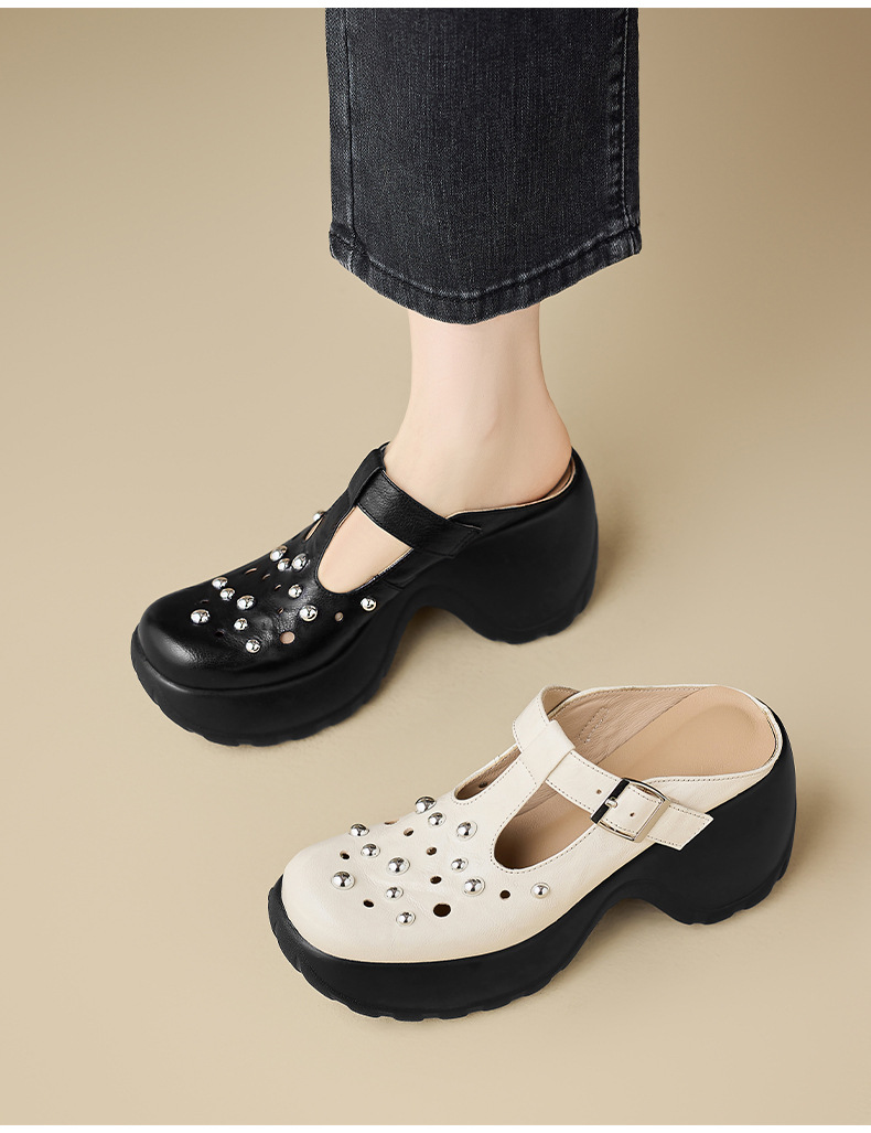 Dép sandal nữ quai chữ V đế tăng chiều cao, phong cách đi biển mùa hè — màu đen, màu trắng ngà chi tiết 11