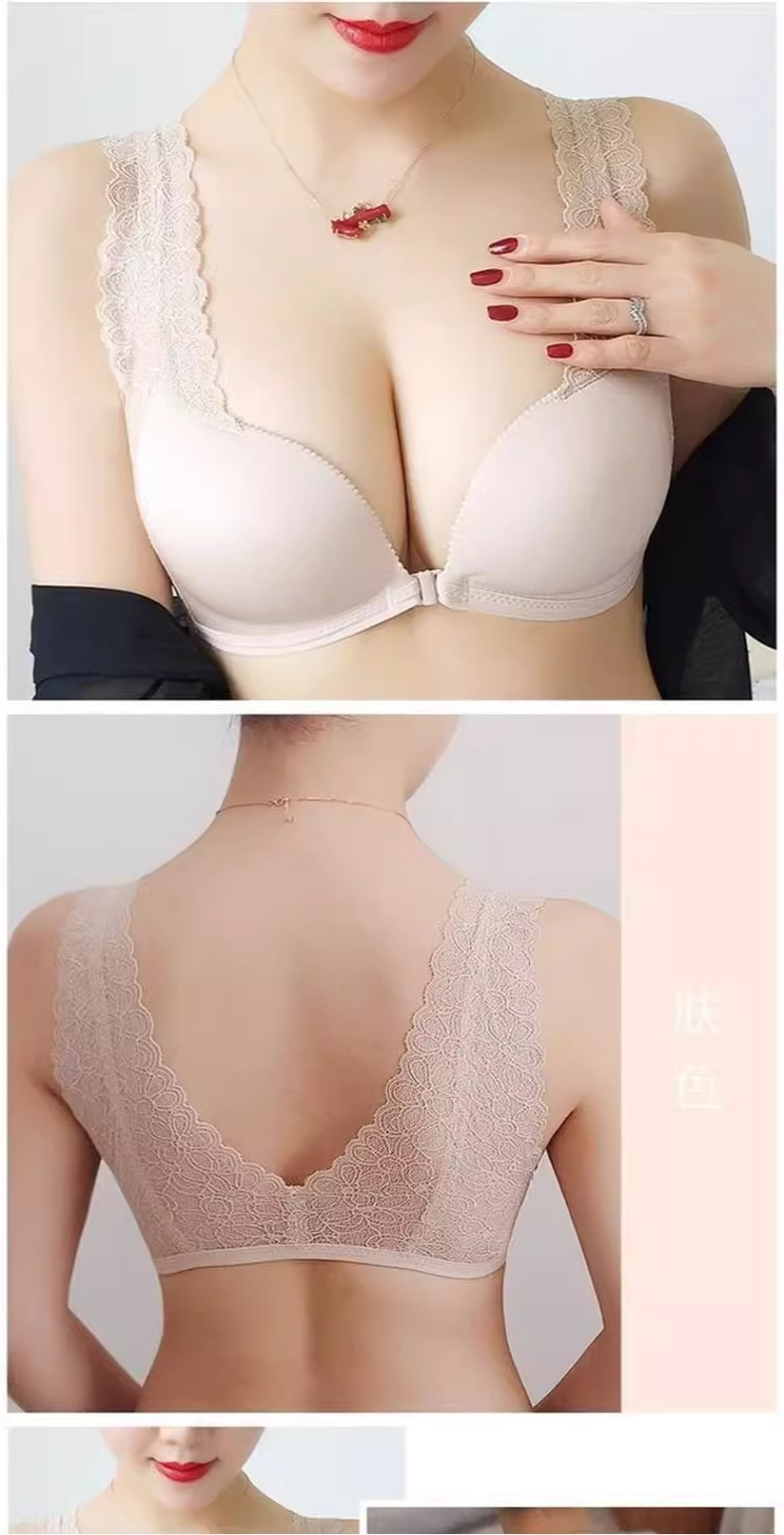 Damen-BH mit Vorderverschluss, Spitze, Push-up, verstellbar, nahtlos, kabellos, lässt kleine Brüste größer wirken und reduziert seitliches Brustgewebe._voghion.com