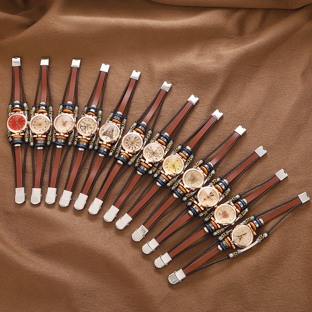 新款复古手表多款式牛皮石英手表手链手工不锈钢多层圆圈手表饰品