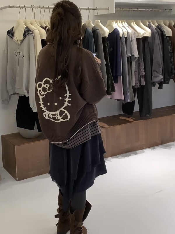 2025韩版秋季新款减龄卡通提花翻领毛衣女慵懒风小猫宽松针织开衫|undefined