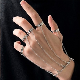 European and American Cross-border Metal Men's and Women's Fashion Ring Bracelet One-piece Personalized Hip-hop Style silver Chain Bracelet