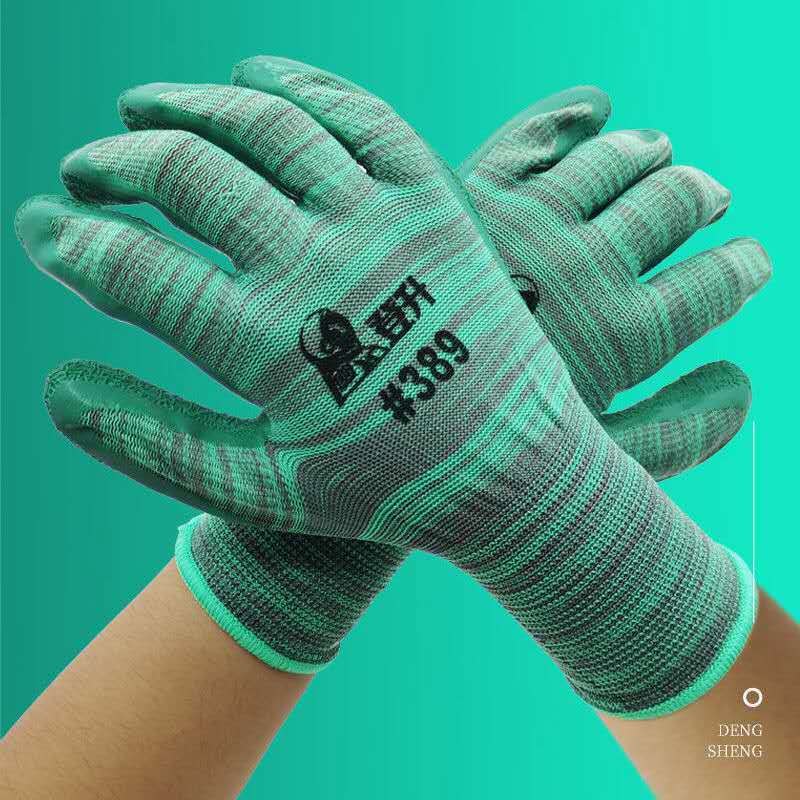 Dengsheng #389 guantes de nylon cómodos antideslizantes Guantes Recubiertos de goma sumergidos guantes de trabajo protectores transpirables