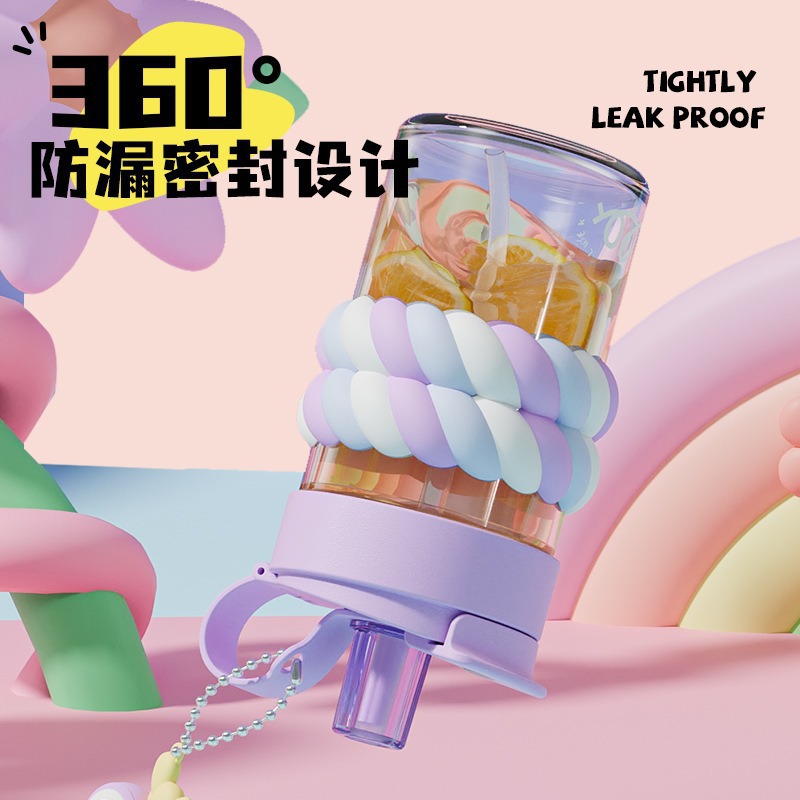 Taza de agua de vidrio de caramelo doble bebida borosilicato estudiante taza de alto valor para niñas taza de paja portátil resistente a altas temperaturas de verano