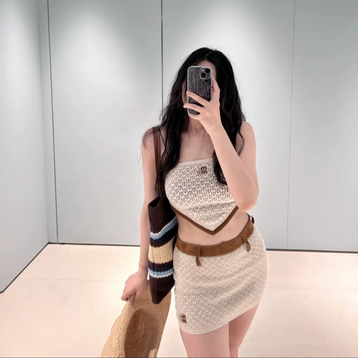 2025 New Summer Style College Style Holiday Letter Embroider Cut Out Crochet Knitted Cardigan Tube Top Skirt Suit for Women