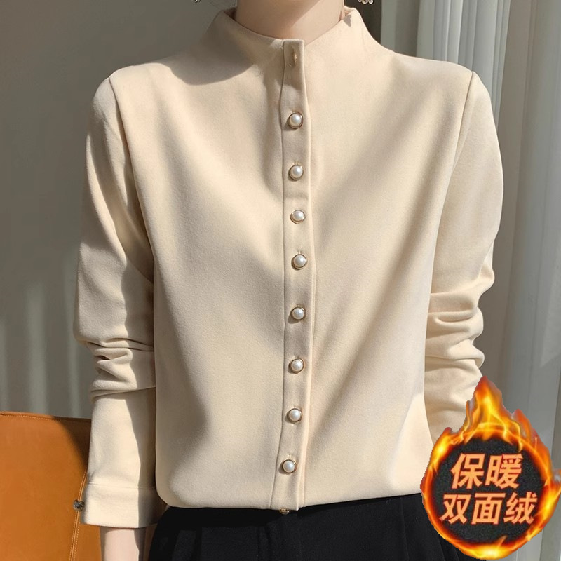 French-Style Layered Brushed Velvet Shirt for Women, Half-High Collar, Long-Sleeve, Thickened Base Layer Top, Warm Shirt Cardigan