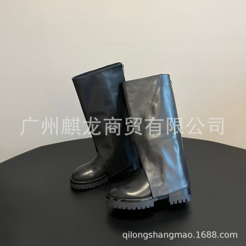 高端2025秋冬新款真皮圆头复古厚底后拉链高筒裤管靴长筒靴骑士靴|undefined
