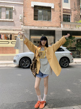 韩系黄色polo领长袖衬衫女夏季慵懒防晒外套宽松衬衣休闲开衫上衣