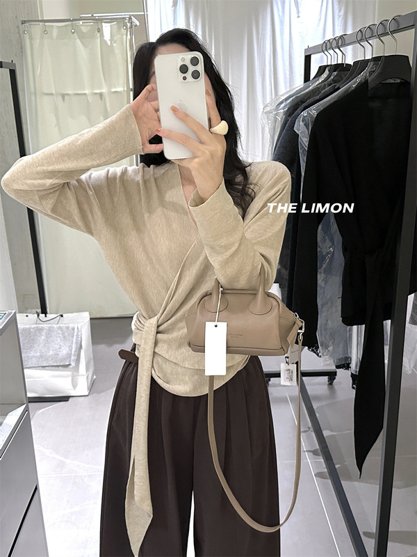 THE LIMON柠檬绿茶韩版设计感系带V领针织衫女2025秋季显瘦上衣潮|undefined