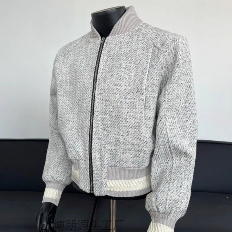 American Style Knitted Thick Floral Men's Baseball Collar Jacket Zipper Silhouette Fashion Versatile Jacket Men's Gray