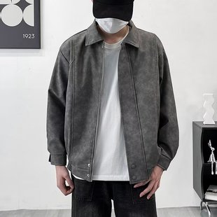 American Retro Brown Stand-Up Collar Motorcycle Leather Jacket for Boys Spring & Fall Cityboy Casual Loose Pu Leather Jacket t