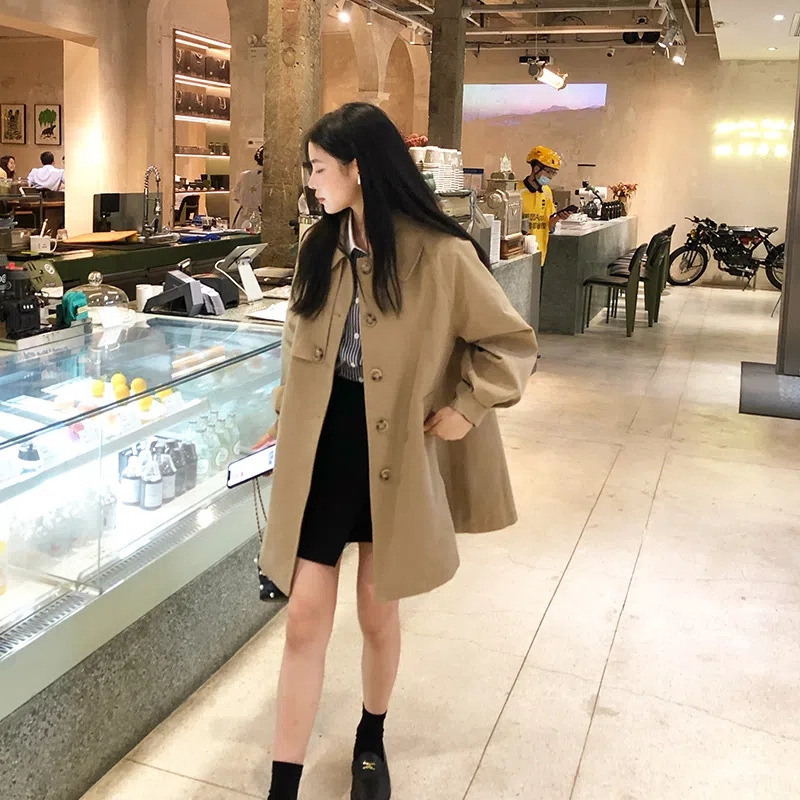 春秋季中长款学院风冲锋衣风衣外套女小个子网红大衣潮牌气质上衣