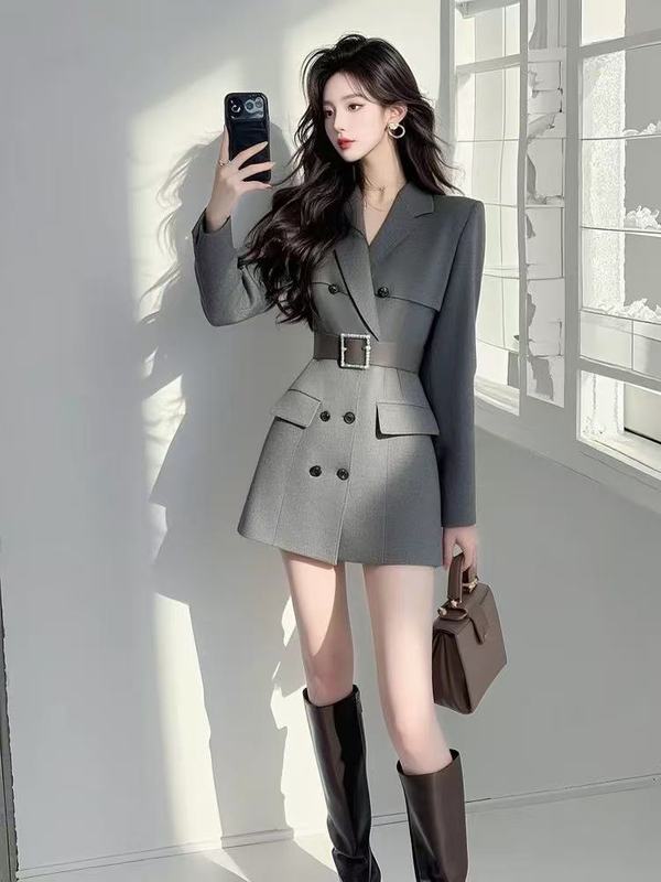 厅里厅气裙子2025求季法式高级感重要场合气质收腰灰色西装连衣裙|undefined