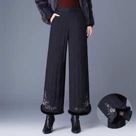 品质保证减龄中年女冬季时尚宽松夹棉加厚保暖羽绒棉裤绣花直筒裤