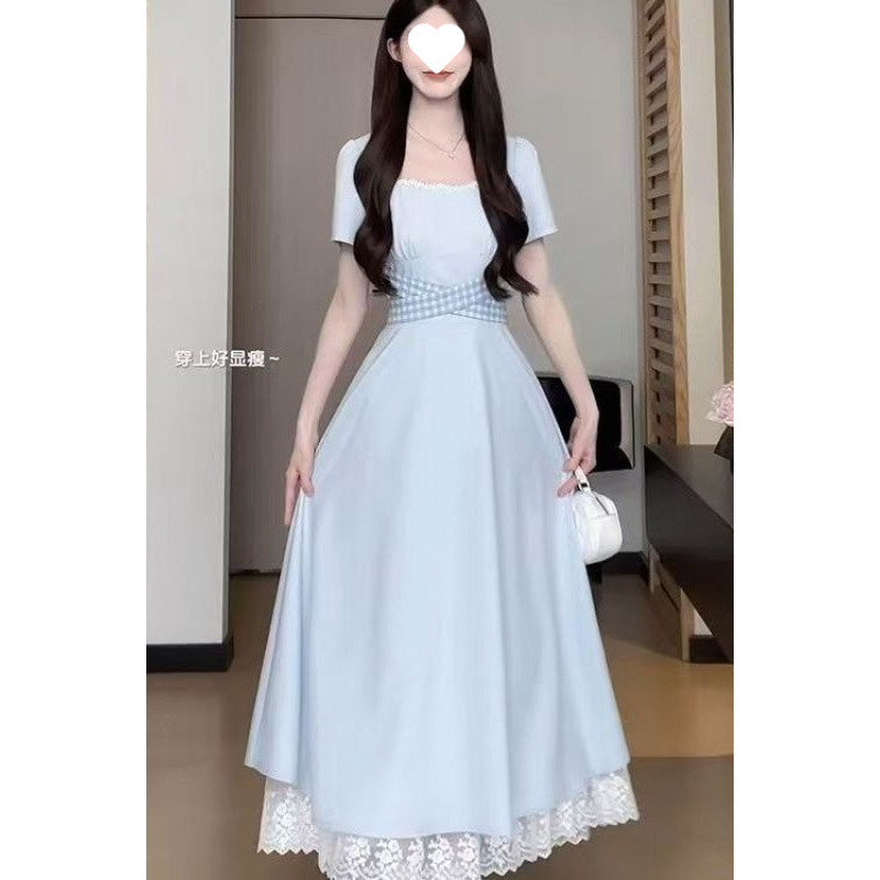 沈阳五爱蒂衣朵拼接蕾丝法式气质方领格子绑带夏季时尚连衣裙