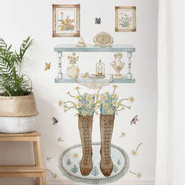 水彩背景画墙贴墙面相框淡彩贴纸小雏菊儿童房装饰贴 复古长靴