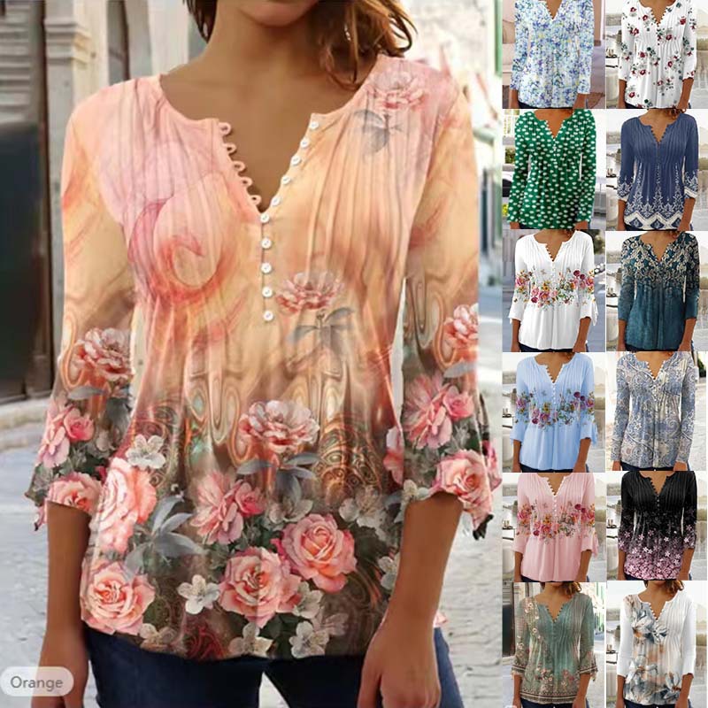 2023 Cross-Border European and American Spring and Summer Fashion New Women's Floral Print V Neck Short-Sleeved Pleated Button T-Shirt Bottoming Shirt