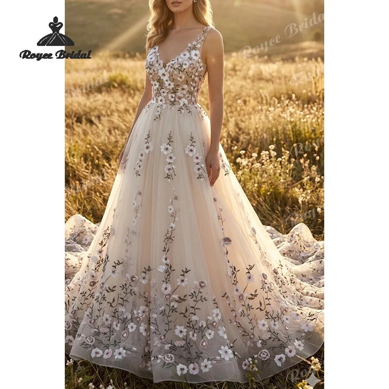 V-neck sleeveless floral embroidered trailing wedding dress with intricate floral mesh and a large hem, suitable for outdoor shoots in a forest-themed style V-neck sleeveless floral embroidered trailing wedding dress with intricate floral mesh and a large hem, suitable for outdoor shoots in a forest-themed style