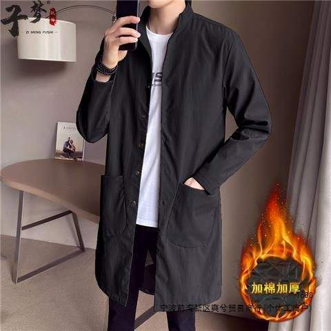Men's Stand Collar Trench Coat 2026 Autumn/Winter New Korean Style Slim Fit Fleece Lined Versatile Casual Mid-Length Coat