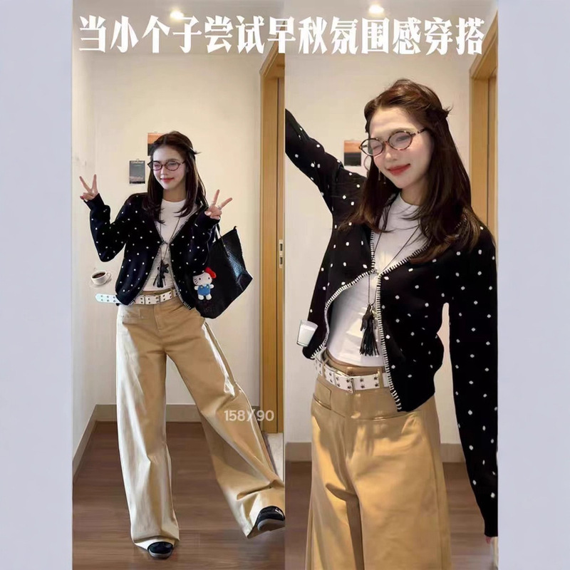 Korean Polka Dot Long-Sleeved Knitted Cardigan for Women in Autum 2025 New Slim Fit Retro Versatile Sweater Trend