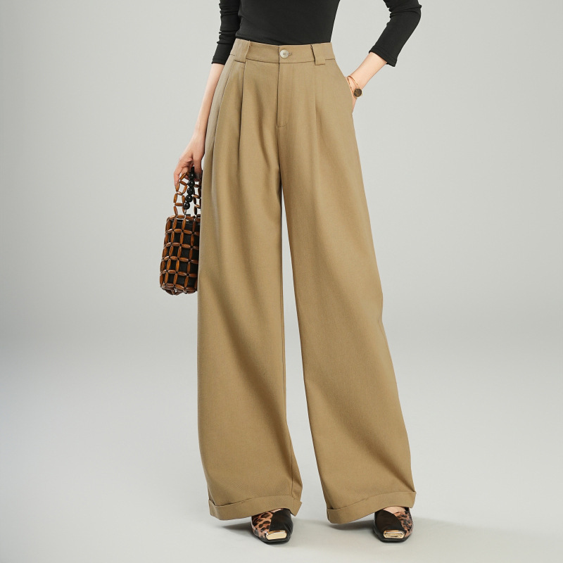 Authentic Women's Suit Pants for Petite Figures, Floor-Length, Drapey, Loose-Fitting, Elegant, High-Waisted, Spring and Autumn Casual Wool Straight-Leg Wide-Leg Pants
