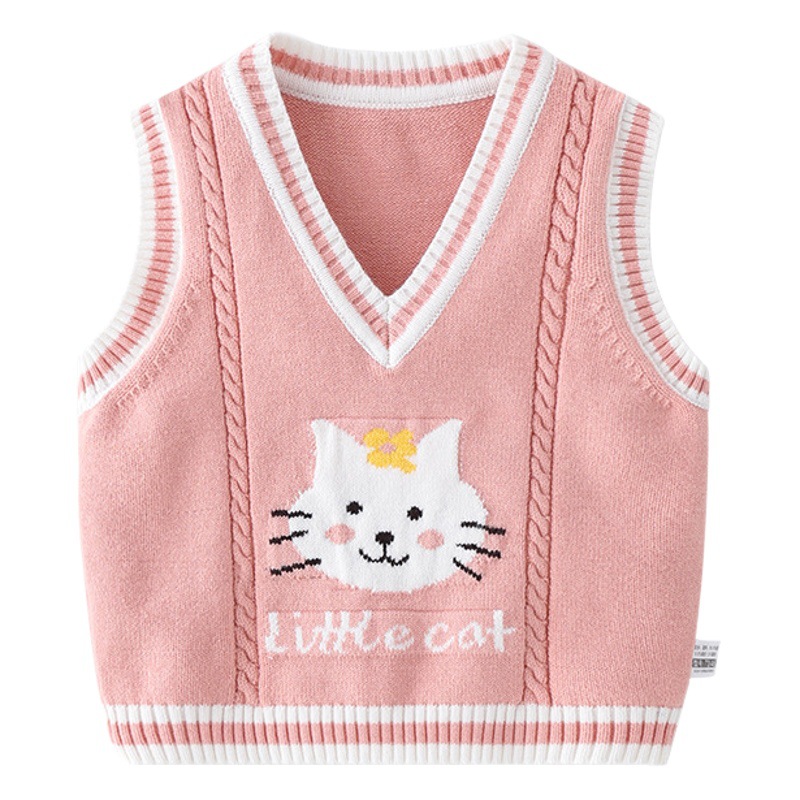 Bordado lindo gato Gato niña bebé chaleco simple clase una niña de punto chaleco primavera y otoño cálido recién nacido chaleco