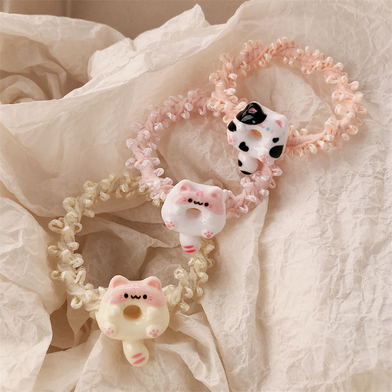 Dibujos animados lindo color lazo para el cabello pequeño gato cuerda para la cabeza dulce niña viento ins todo fósforo banda de goma cuerda para el cabello accesorios para el cabello