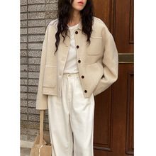 木蘭 多口袋設計韓系短款外套女2023冬季新款羊絨雙面呢大衣37063
