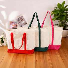 跨境拼接帆布袋定制空白大容量双色购物帆布袋12安涤棉定制logo