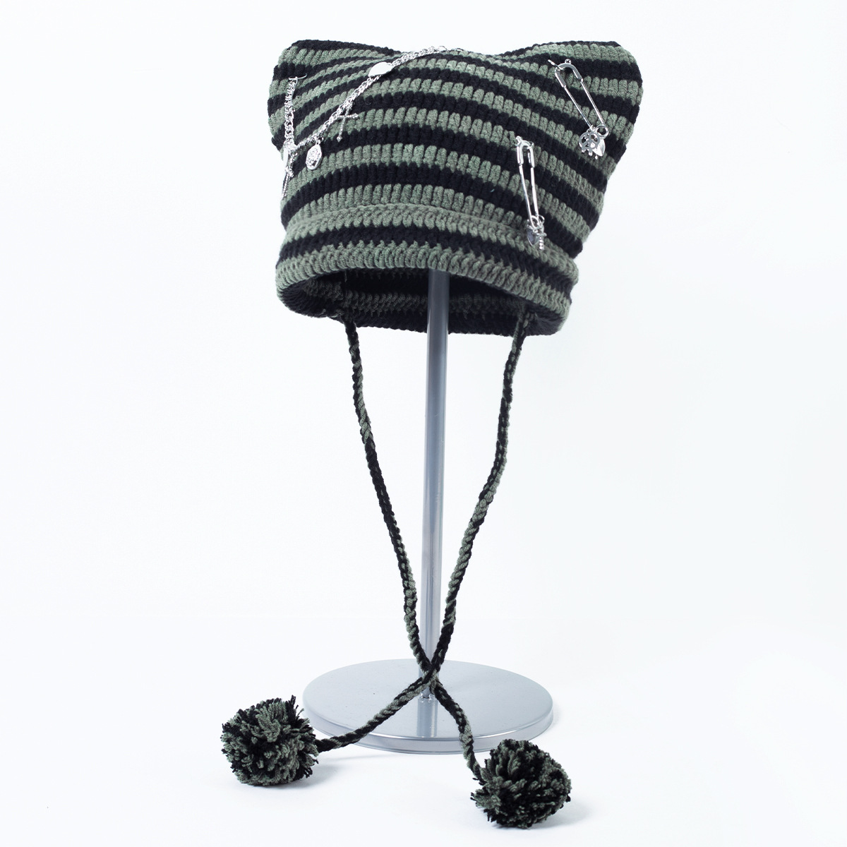 Süße kleine Teufel gestreifte gestrickte Wollmütze weibliche Herbst und Winter coole trendige Katzenohren süße Pullover kalte Mütze_voghion.com