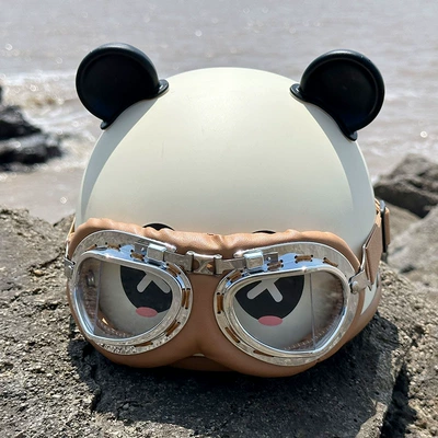 3C certification helmet electric car motorcycle cartoon panda net red half helmet summer four seasons riding men's and women's safety helmet (Motosiklet kaskı (dəbilqə)) - beige-panda-free-transparent-corner-goggles