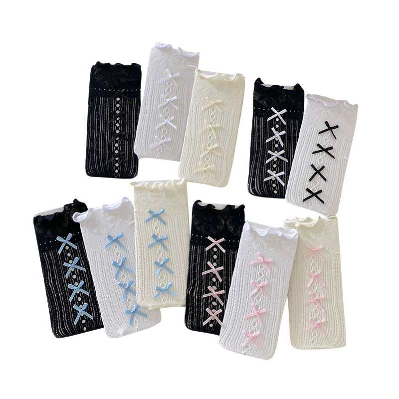 Гольфы с прорезями и бантом, средняя длина, весна-лето, тонкие женские лолита кружевные однотонные плюшевые носки, японский балетный стиль, милые для икр