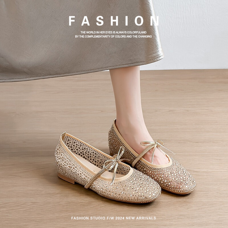 Top-layer cowhide ballet Mary Jane shoes with rhinestones and mesh for women, with internal height increase, suitable for starry sky dates and evening banquets, women's wedge shoes