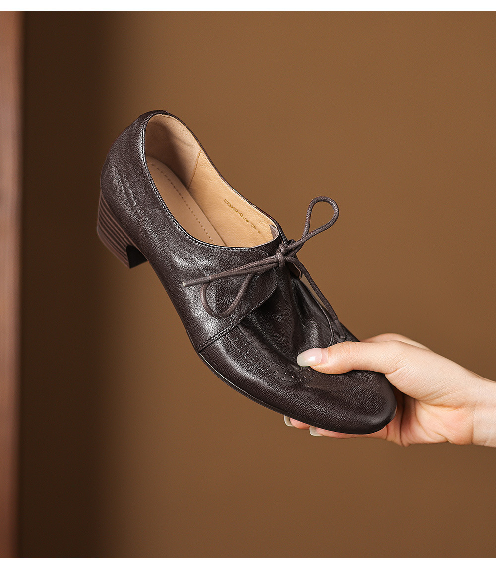 Giày loafer nữ da cừu buộc dây phong cách vintage, gót thấp vuông — màu nâu chi tiết 17