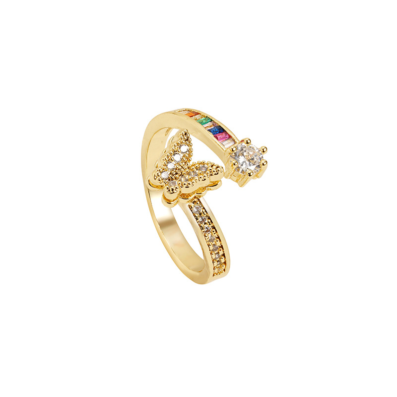 Anillo de mariposa galvanizado de 18 quilates, estilo europeo y americano, nicho femenino, lujo ligero, joyas transfronterizas que no se desvanecen.
