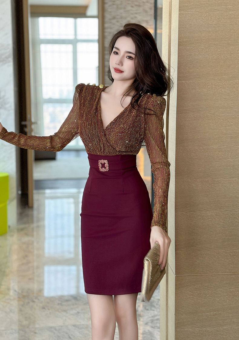 Váy bodycon cổ chữ V ôm eo giả hai mảnh phong cách trưởng thành — Màu vàng táo tàu chi tiết 4