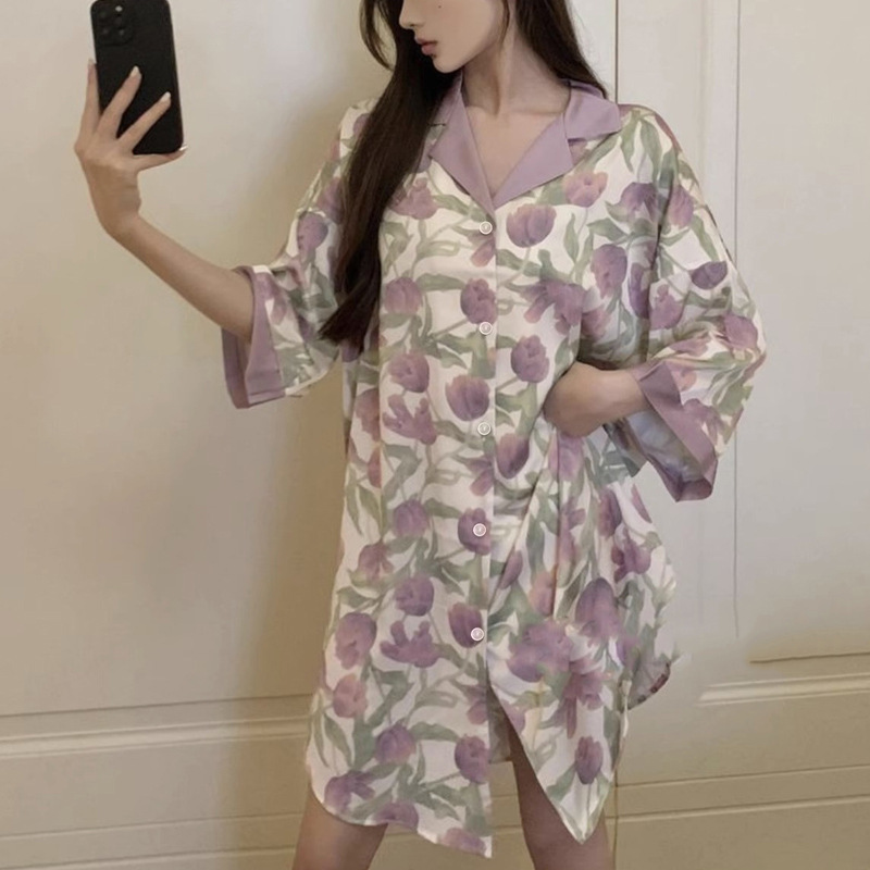 Pijama de verano mujer seda simulación linda simple camisa de textura dulce pijama casera falda al por mayor comercio exterior