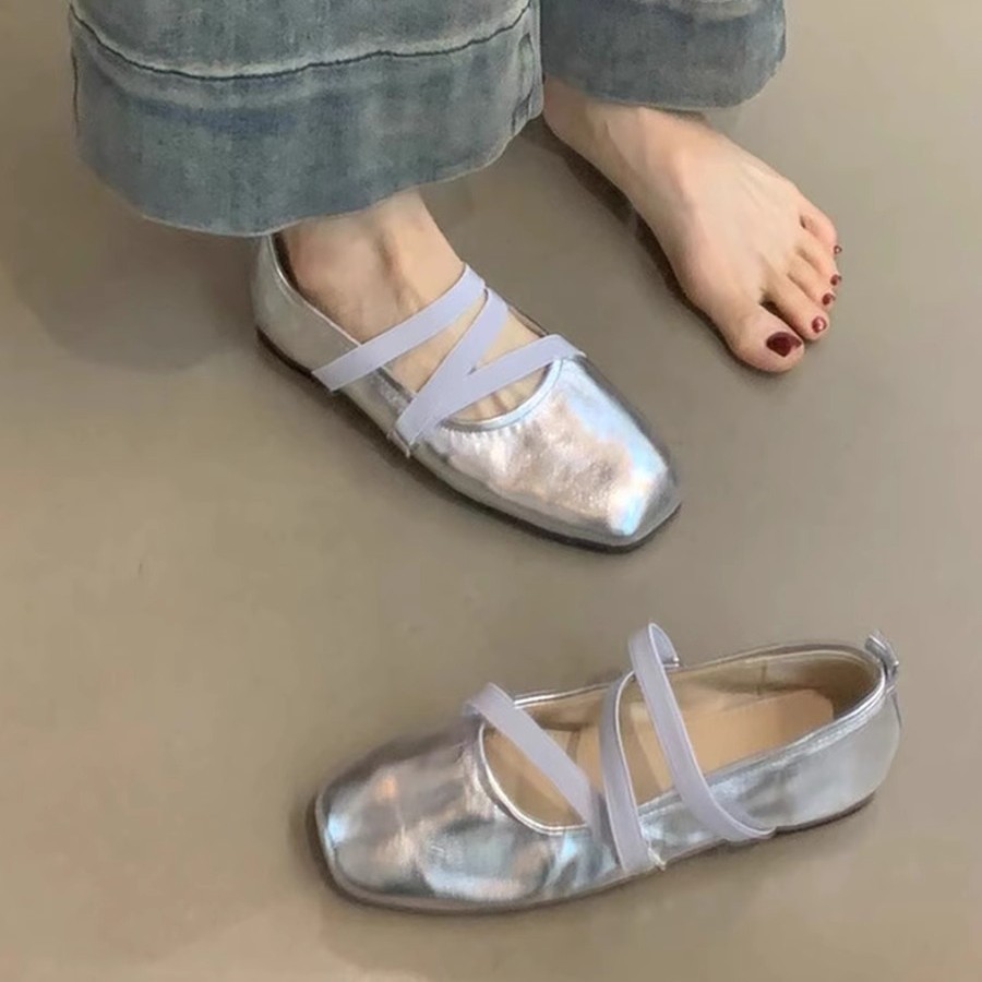 Versión de piel de oveja ~ Zapatos Mary Jane rojos con cinta cruzada francesa, zapatos planos, zapatos de ballet de hadas de estilo nocturno de boca baja para mujer