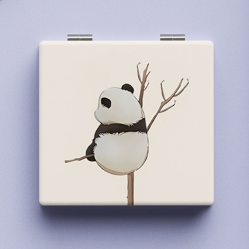 Folding Handheld Mirror, PU Leather Compact, Cute Bear & Panda Prints, Portable 0.075 kg