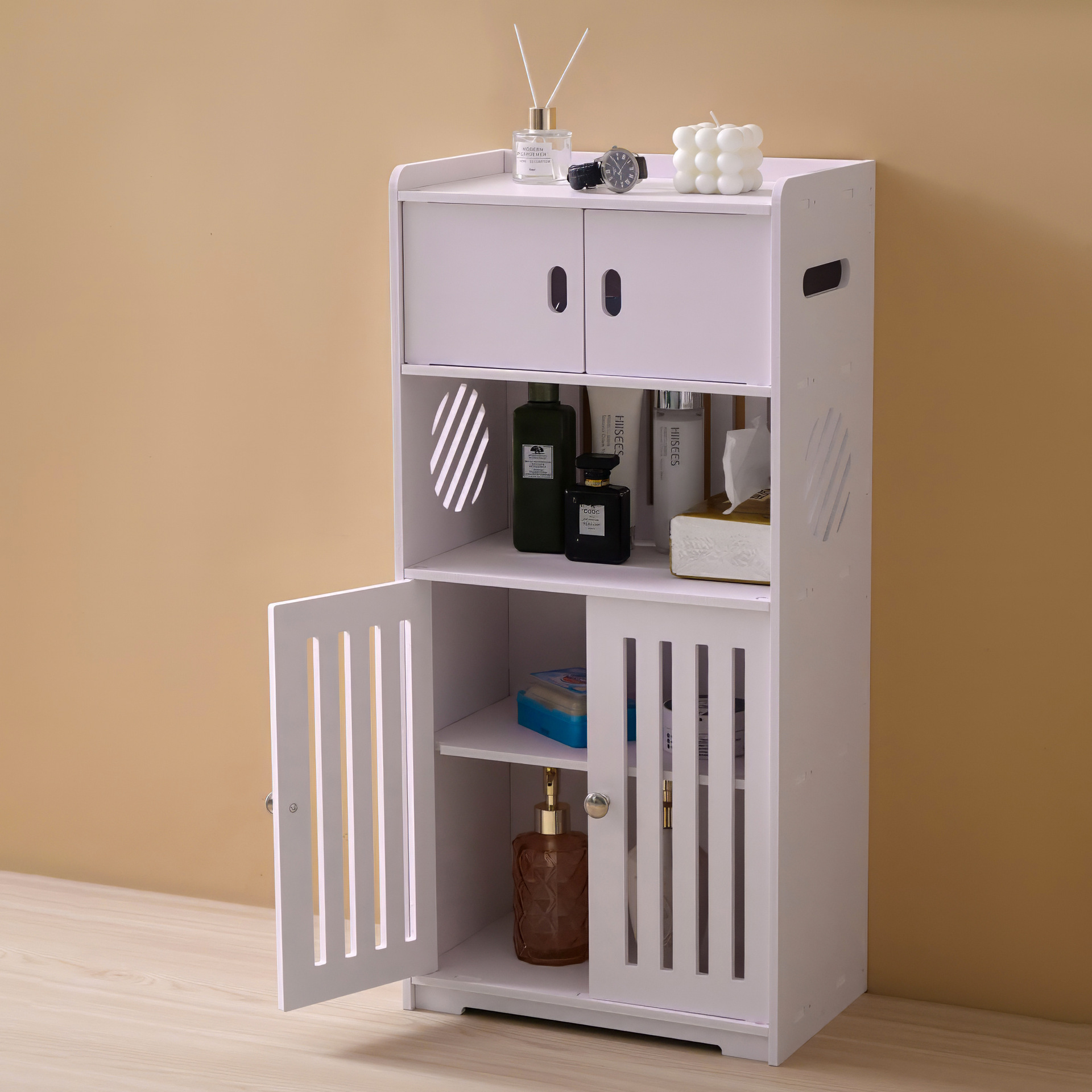 Chinese Style Double Door Vertical Cabinet Bathroom Rack Floor-standing Toilet Storage Rack Punch-free Bedside Table