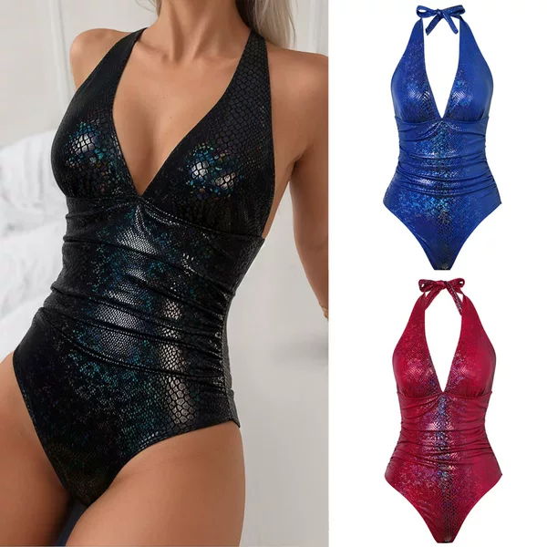 New One-Piece Swimsuit, Feminine Deep V Lace-Up Swimsuit, Backless Swimsuit, Cross-Border Jumpsuit That Covers the Belly and Looks Slimming Look