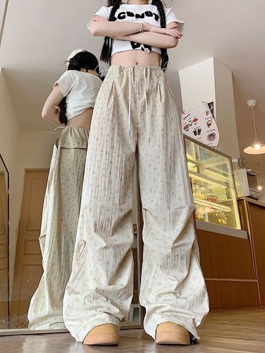 Floral Work Pants for Women - Spring and Summer Thin High-Waisted Loose Casual Wide Leg American Retro White Sport Pants
